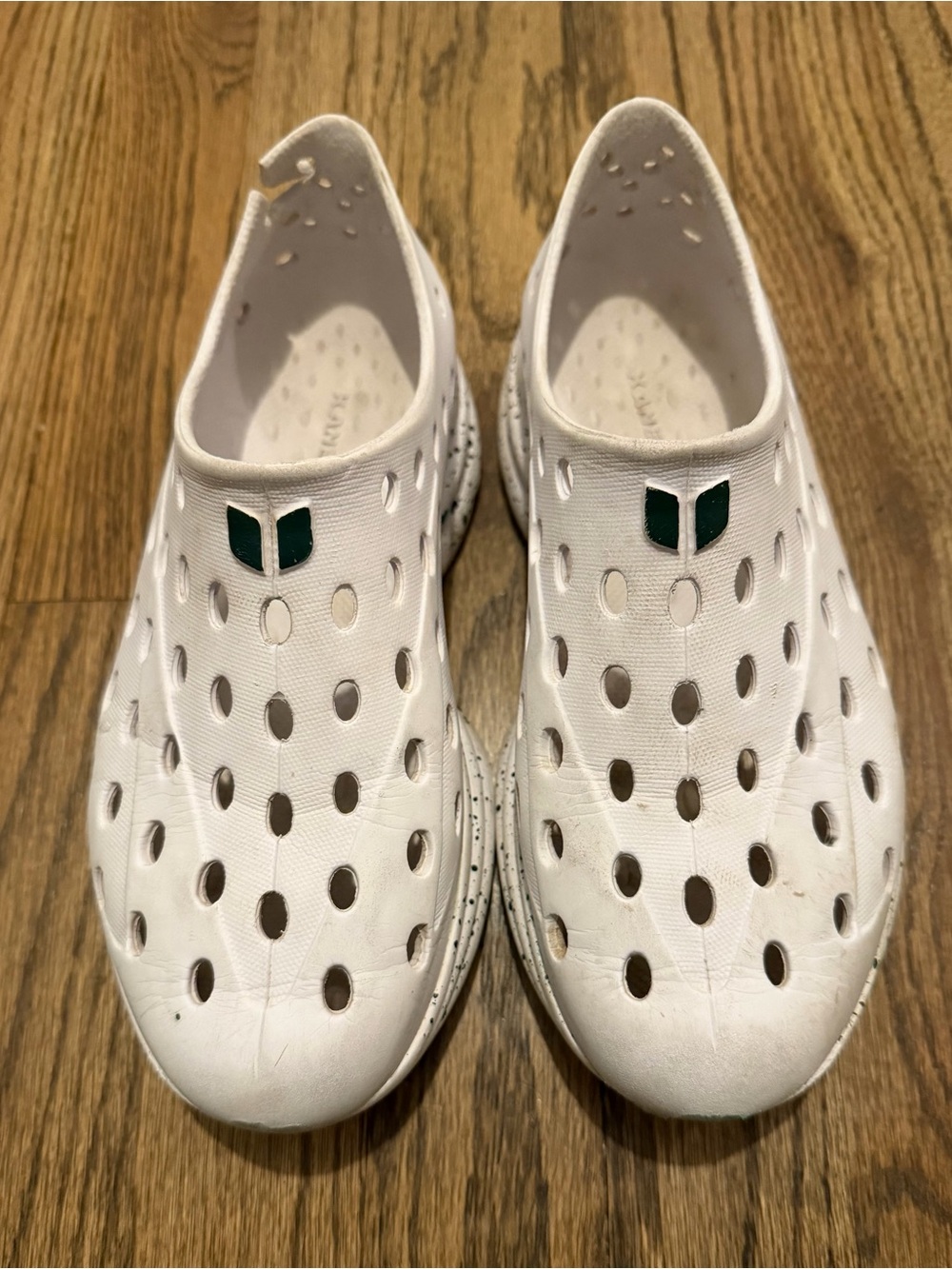 Kids White Slip-On Water Shoes with Green Accent